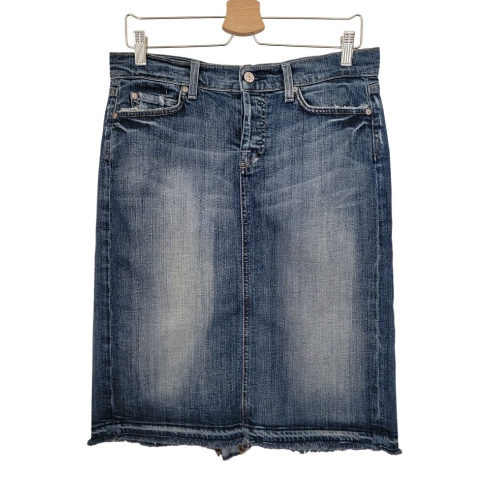 7 For All Mankind Women's Long Denim Jean Skirt w/ Button Fly & Frayed Hem Sz 29